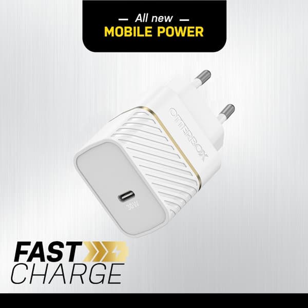 OtterBox-seinälaturi - virtalähde - 30 wattia - 3 A - PD 3.0 (24 pin USB-C) - Cloud Dust White