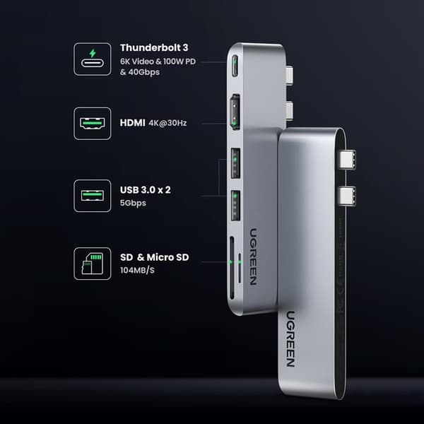 Ugreen HUB CM380 2xUSB C - HDMI/2xUSB 3.0/SD TF/USB C PD - Grå