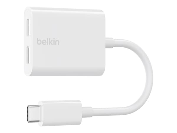Belkin Connect Audio + Charge - USB-C til USB-C hodetelefoner / ladeadapter - 24 pin USB-C hann til 24 pin USB-C hunn - 14 m - hvit - USB Power Deliv