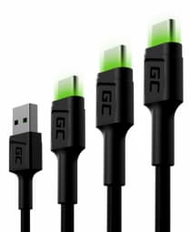 Green Cell Set 3x GC Ray USB-C Cable 30cm, 120cm, 200cm with green LED backlight, fast charging UC, QC 3.0