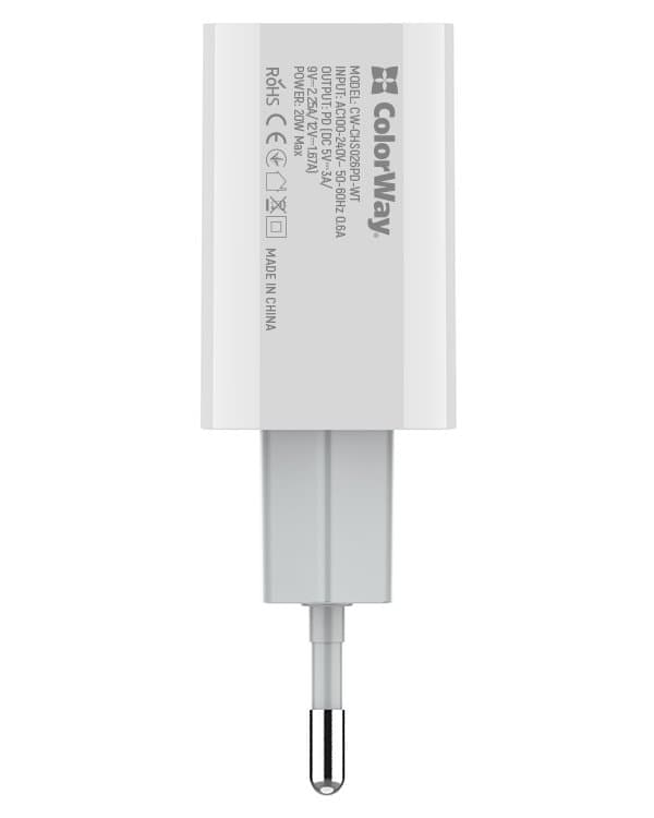 COLORWAY 1x USB-C/ síťová nabíječka/ 20W/ 100V-240V/ Bílá