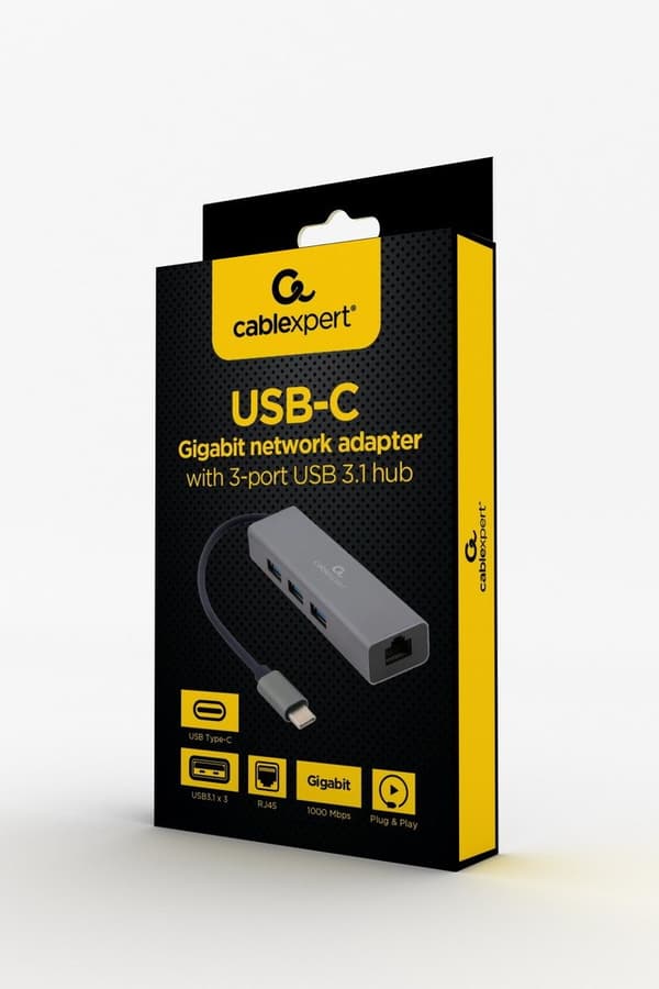 Gembird A-CMU3-LAN-01 USB-C Gigabit nätverksadapter med 3-portars USB 3.1-hubb