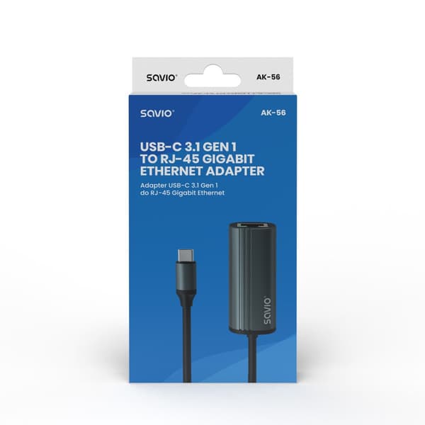 SAVIO-adapter USB-C 3.1 Gen.1 (M) till RJ-45 Gigabit Ethernet (F), 1000 Mbps, AK-56, grå