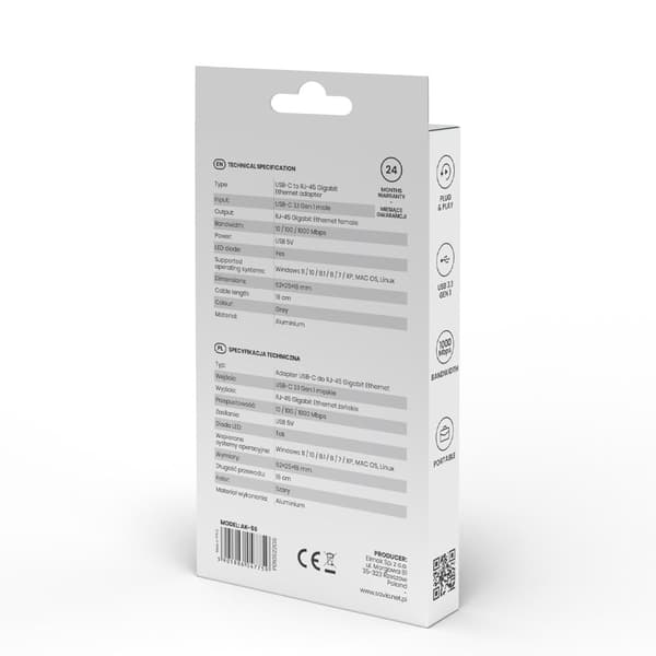 SAVIO-adapter USB-C 3.1 Gen.1 (M) till RJ-45 Gigabit Ethernet (F), 1000 Mbps, AK-56, grå