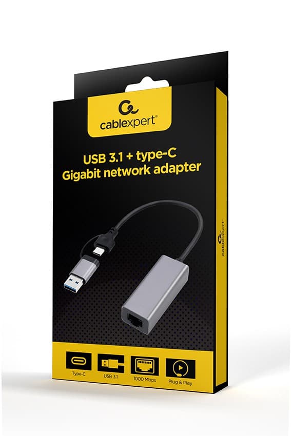 Gembird A-USB3AC-LAN-01 USB 3.1 + type-C Gigabit netværksadapter, mellemrumsgrå