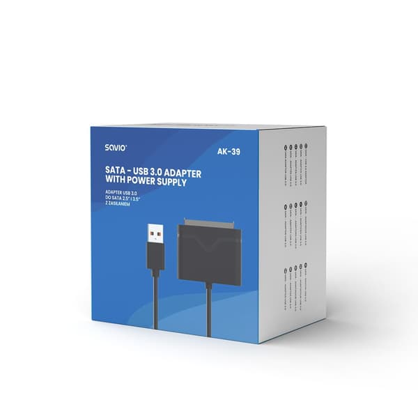 SAVIO AK-39 USB 3.0 - SATA III adapter til 3,5"/2,5" drev med strømforsyning Sort
