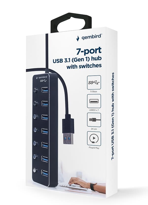 Gembird UHB-U3P7P-01 7-ports USB 3.1 (Gen 1) hubb med switchar, svart