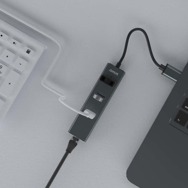 Savio AK-57 USB-A - 3 x USB-A HUB med RJ-45 Gigabit Ethernet-adapter 5000 Mbit/s grå