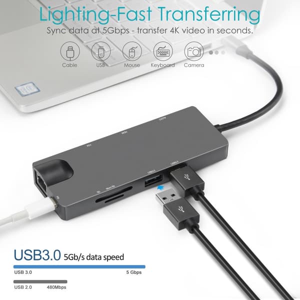 INF 9-i-1 USB-C Hub med USB 3.0, HDMI, RJ45, SD/TF-kortläsare, 100W PD, VGA