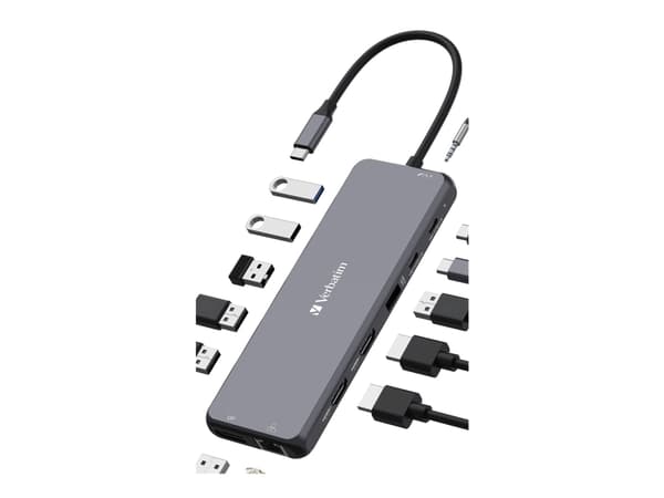 Verbatim CMH 13 - Hubb - 2 x HDMI + 2 x USB-C (strömleverans) + 3 x USB-A 3.2 Gen 1 + 1 x DisplayPort - skrivbordsmodell