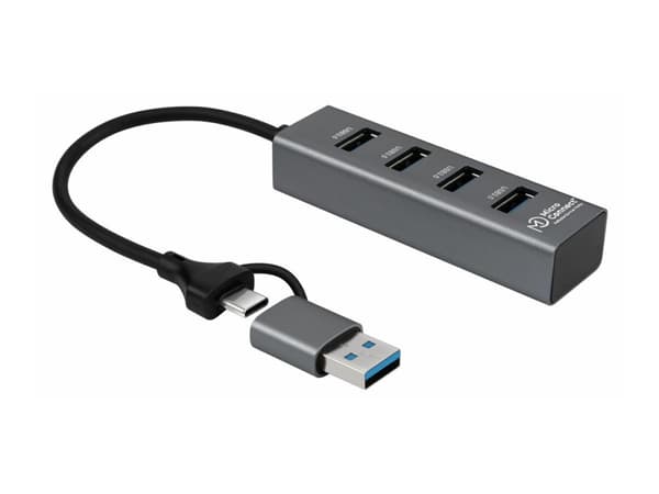 Microconnect USBHUB4-2IN1, USB 3.2 Gen 1 (3.1 Gen 1) Type-A, USB 3.2 Gen 1 (3.1 Gen 1) Type-A, USB Type-C, 5000 Mbit/s, Sort, Alumiini, 0,3 m