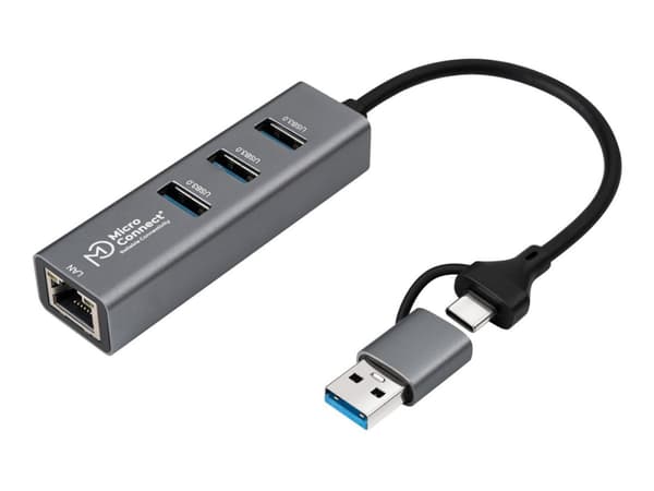 Microconnect USBHUB4-2IN1, USB 3.2 Gen 1 (3.1 Gen 1) Type-A, USB 3.2 Gen 1 (3.1 Gen 1) Type-A, USB Type-C, 5000 Mbit/s, Sort, Alumiini, 0,3 m