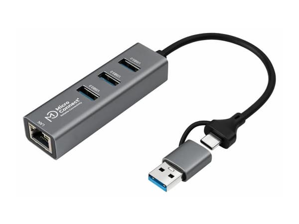 MicroConnect - Hubb - 3 x USB 3.2 Gen 1 + 1 x 1 Gigabit Ethernet - skrivbordsmodell