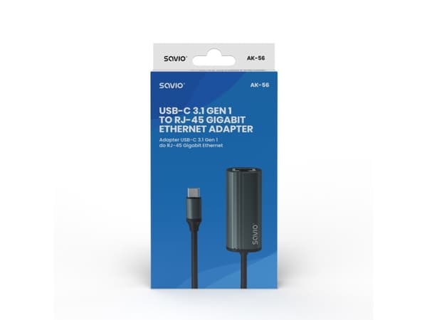 Savio AK-56 Adapter USB-C 3.1 GEN 1 do RJ-45 Gigabit Ethernet, USB Type-C, RJ-45, 1000 Mbit/s