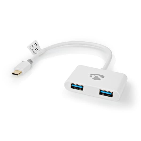 Nedis USB Multi-Port Adapter | 2-i-1 | USB 3.1 Gen1 | USB-C™ Han | 2x USB-A | 1000 Mbps | 0.20 m | Runde | Guldplateret | PVC | Hvid | Window Box