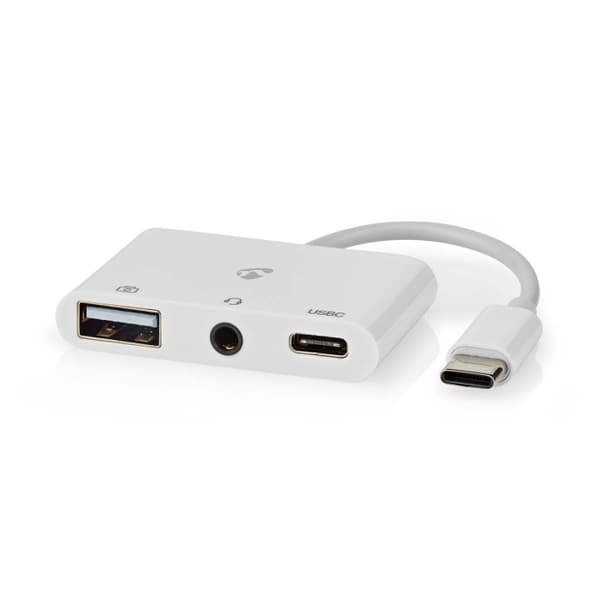 Nedis USB N Moniporttisovitin | USB 2.0 | USB-C™ Uros | USB-A Naaras / USB-C™ Naaras / 3.5 mm naaras | 480 Mbps | 0.10 m | Pyöreä | Niklattu | PVC | V