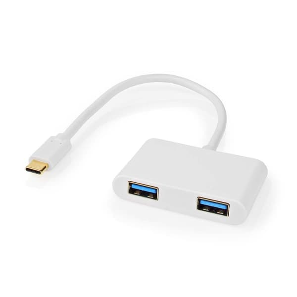 Nedis USB Multi-Port Adapter | 2-i-1 | USB 3.2 Gen 1 | USB-C™ Han | 2x USB-A | 5 Gbps | 0.20 m | Runde | Nikkelplateret | PVC | Hvid | Plastikpose