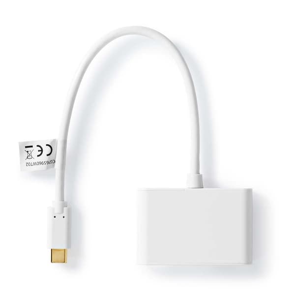 Nedis USB Multi-Port Adapter | 2-i-1 | USB 3.2 Gen 1 | USB-C™ Han | 2x USB-A | 5 Gbps | 0.20 m | Runde | Nikkelplateret | PVC | Hvid | Plastikpose