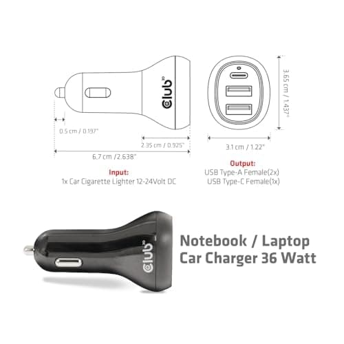 CLUB3D USB biloplader 1xUSB C 2xUSB A 36W 12/24V detailhandel (CAC-1921)