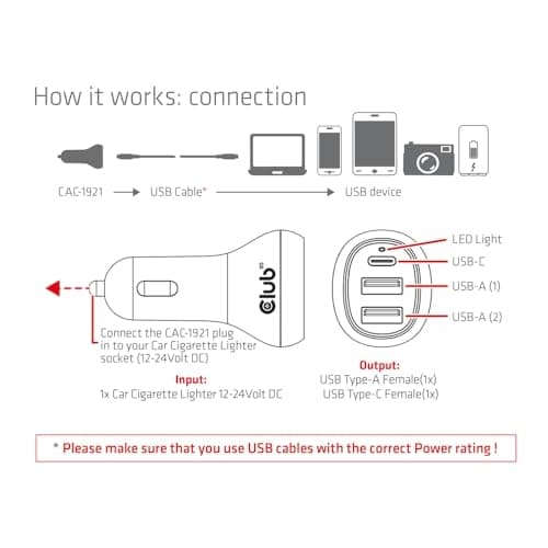 CLUB3D USB biloplader 1xUSB C 2xUSB A 36W 12/24V detailhandel (CAC-1921)