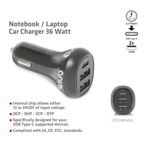 CLUB3D USB biloplader 1xUSB C 2xUSB A 36W 12/24V detailhandel (CAC-1921)