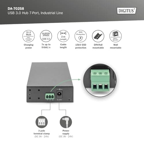 DIGITUS industriell 7-ports USB-hubb - 7X USB-A - USB 3.0-5 Gbps - USB SuperSpeed - 15 kV ESD-skydd - DIN-skena montering - svart