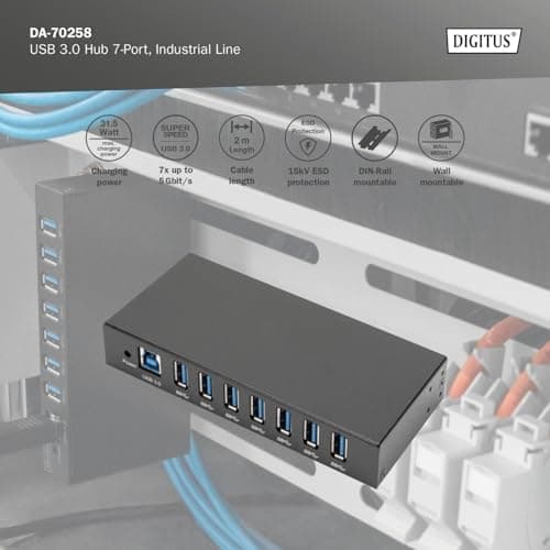 DIGITUS industriell 7-ports USB-hubb - 7X USB-A - USB 3.0-5 Gbps - USB SuperSpeed - 15 kV ESD-skydd - DIN-skena montering - svart