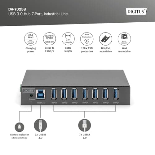 DIGITUS industriell 7-ports USB-hubb - 7X USB-A - USB 3.0-5 Gbps - USB SuperSpeed - 15 kV ESD-skydd - DIN-skena montering - svart