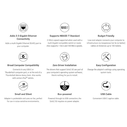 Sonnet Solo 2,5 G USB-C 2,5 Gb Ethernet-adapter (SOLO-NBASE-T)