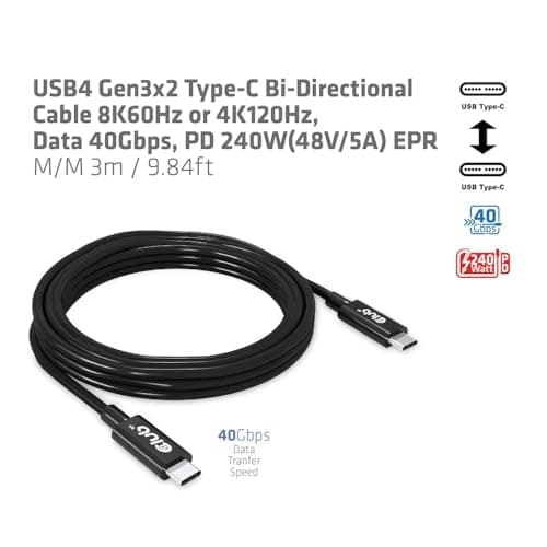 Club3D CAC-1579 USB4 Gen3x2 Typ-C dubbelriktad kabel 8K60Hz eller 4K120Hz, Data 40Gbps, PD 240W(48V/5A) EPR St/St 3m