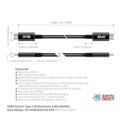 Club3D CAC-1579 USB4 Gen3x2 Typ-C dubbelriktad kabel 8K60Hz eller 4K120Hz, Data 40Gbps, PD 240W(48V/5A) EPR St/St 3m
