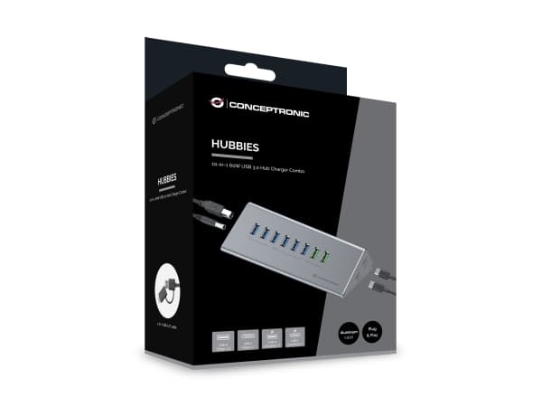 Conceptronic HUBBIES18G, USB 3.2 Gen 1 (3.1 Gen 1) Type-B, USB 3.2 Gen 1 (3.1 Gen 1) Type-A, USB 3.2 Gen 1 (3.1 Gen 1) Type-C, 5000 Mbit/s, Grå, Gjut