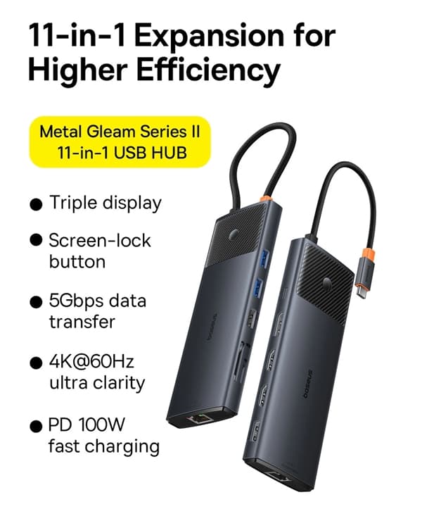 Baseus USB HUB 11in1 Metal Gleam Series II USB-A/USB-C - Svart