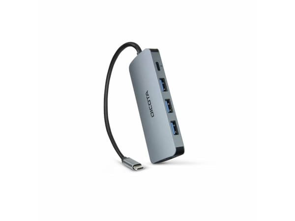 DICOTA D32062, USB Type-C, HDMI, RJ-45, USB 4 Type-A, USB Type-C, MicroSD (TransFlash), SD, hopea, alumiini, 100 W