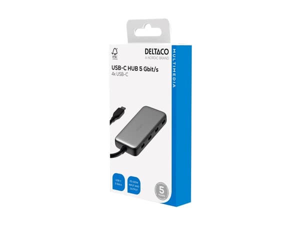 DELTACO - Hubb - 5 Gbps, USB-C - 1 x USB-C (Power Delivery 3.0) + 3 x USB-C - skrivbordsmodell