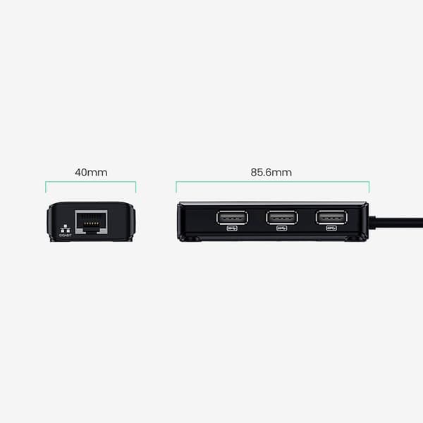 Ugreen Hub 3x USB-A Nätverksadapter RJ45/USB-A 10/100Mbps - Svart