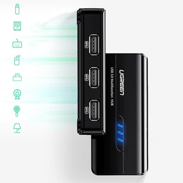 Ugreen Hub 3x USB-A Nätverksadapter RJ45/USB-A 10/100Mbps - Svart