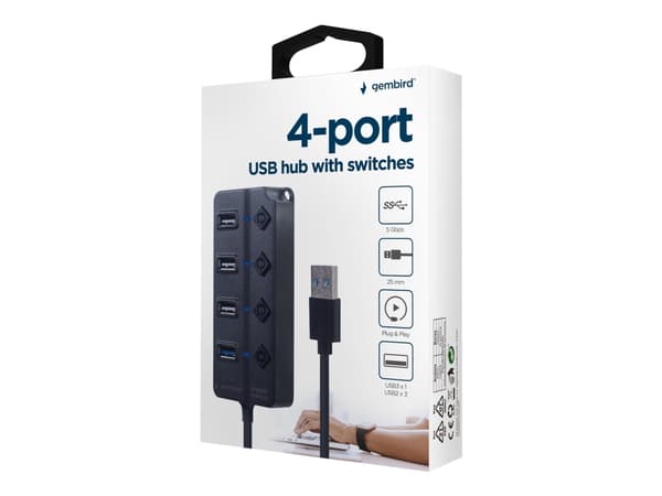 Gembird UHB-U3P1U2P3P-01, USB 2.0 Type-A, 5000 Mbit/s, Svart, 0,25 m, 5 V, 46 mm