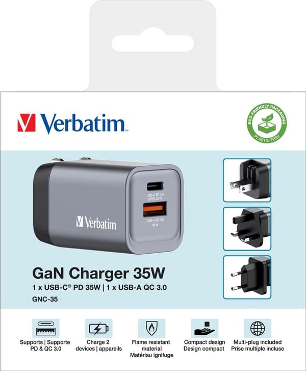 Verbatim GNC-35 GaN Oplader 2 porte 35 W USB A/C