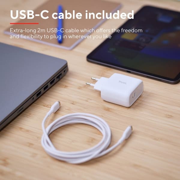 Trust Maxo - Laptop toppladdare - 65 W - USB C - 2m kabel - Vit