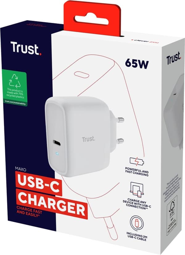 Trust Maxo - Laptop toppladdare - 65 W - USB C - 2m kabel - Vit