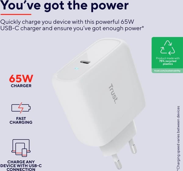 Trust Maxo - Laptop toppladdare - 65 W - USB C - 2m kabel - Vit