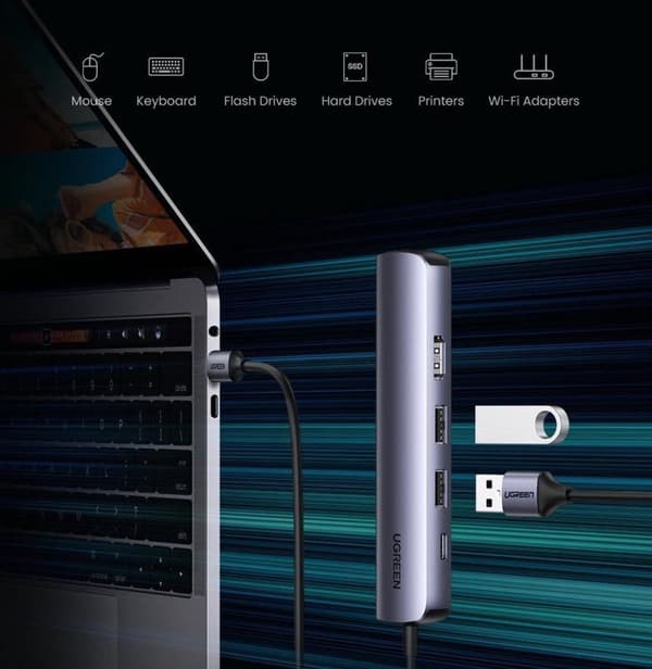 UGREEN 5-i-1 USB-C-hubb 5-portar USB-kombinationshubb Svart, aluminium