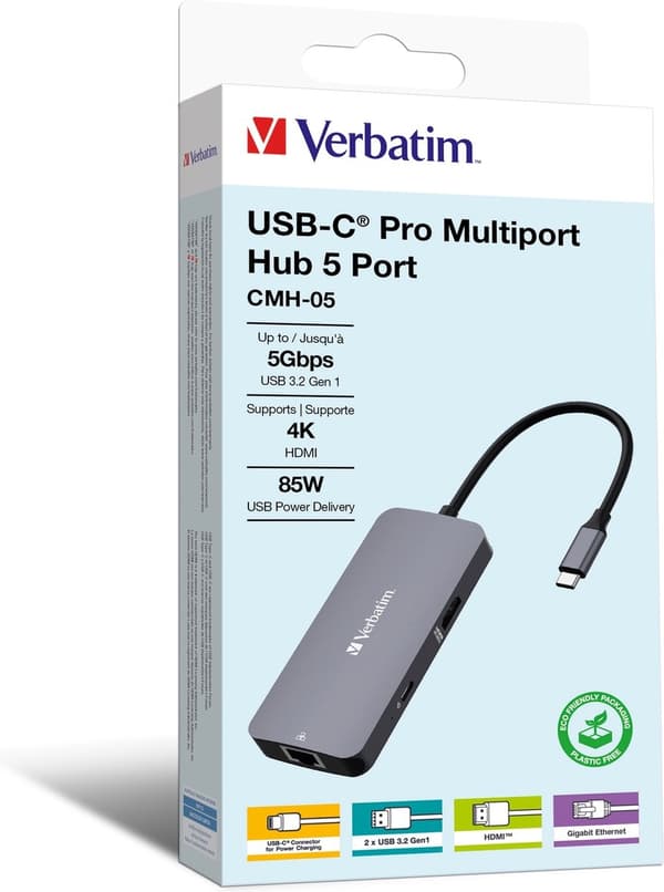 Verbatim CMH-05 - USB Typ-C - HDMI - RJ-45 - USB 3.2 Gen 1 (3.1 Gen 1) Typ-C - USB Typ-C - 5000 M