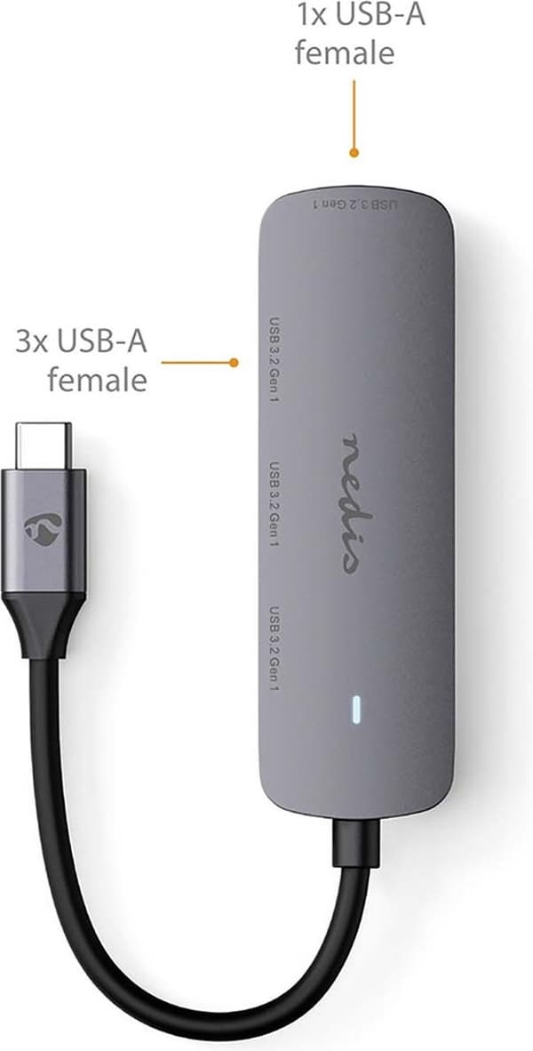 Nedis USB Hub 1x USB-C™ - 4x USB A, 4 port(ar), USB 3.2 Gen1, drivs via USB, 5 Gbps (CCGB64220GY01