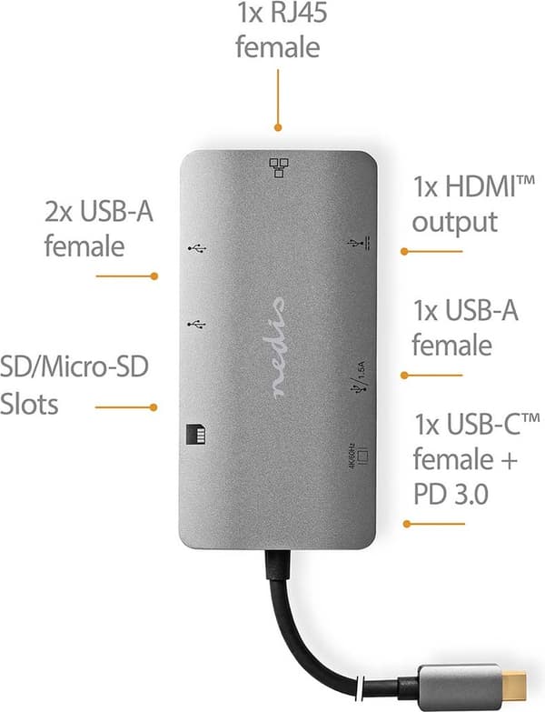 Nedis USB Multiport Adapter USB 3.2 Gen1 7-i-1 - USB-C™-kontakt, HDMI™-utgång, Micro SD, RJ45-anslutning
