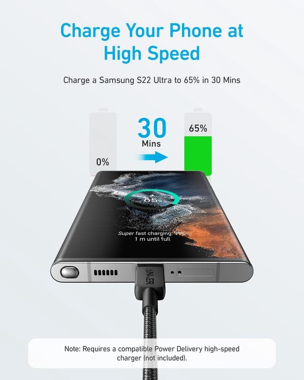 Anker 322 (60W) flettet USB-C til USB-C kabel 1,8M sort