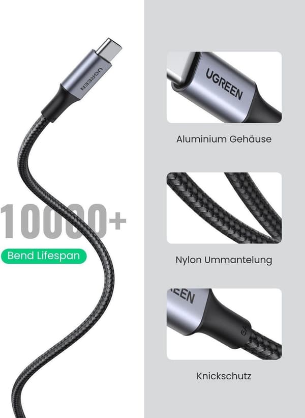 UGREEN 5A flettet USB-C til USB-C-kabel 100W Hurtigopladning 2M Sort