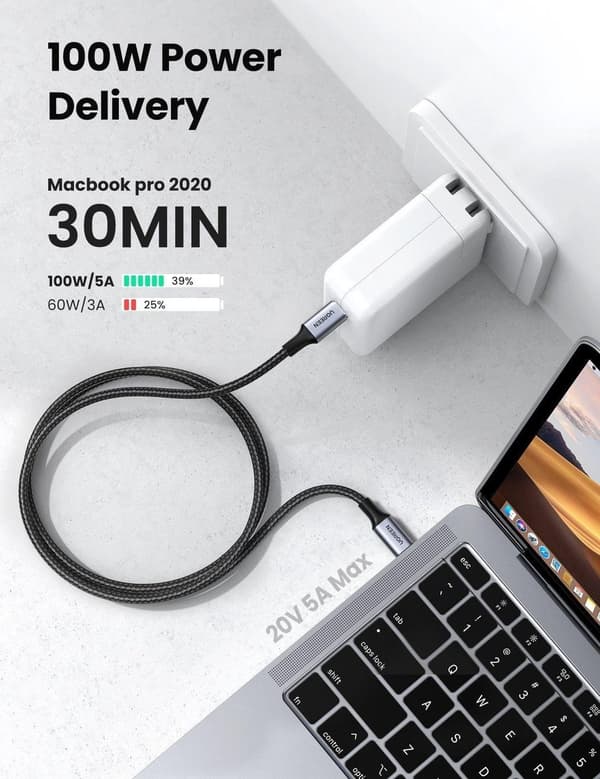 UGREEN 5A flettet USB-C til USB-C-kabel 100W Hurtigopladning 2M Sort