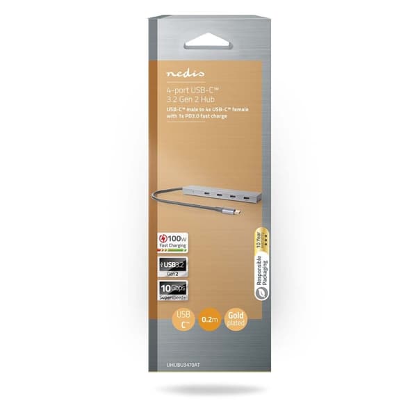 Nedis USB-hubb | 1x USB-C™ 3.2 Gen 2 Male | USB-C™ 3.2 Gen 2 Female with PD 3.0 / 3x USB-C™ 3.2 Gen 2 Female | 4-Port port(s) | USB 3.2 Gen 2 | USB st